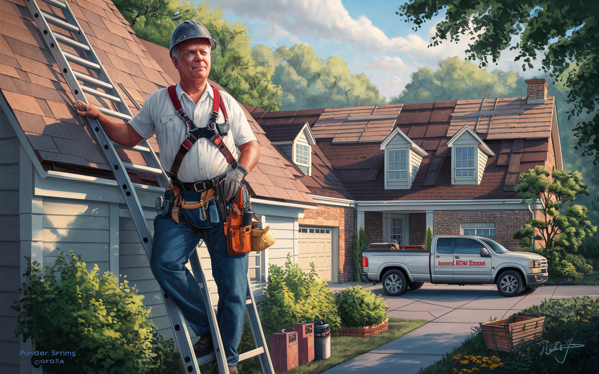 A roofing contractor working on the roof of a residential house, with a truck from Powder Springs Roofing Company parked in the driveway