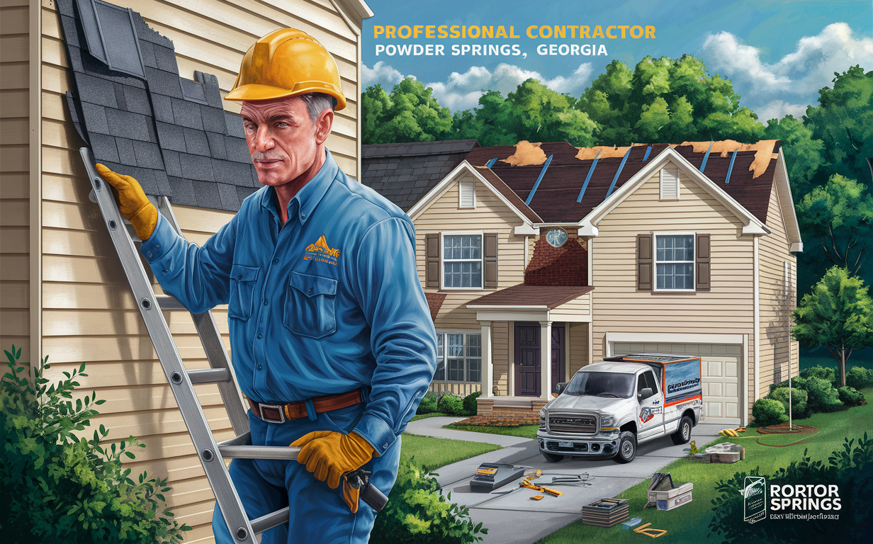 An illustration of a professional roofing contractor in Powder Springs, Georgia, showcasing a worker in a hard hat and uniform, a residential house with a newly installed roof, and a company van.