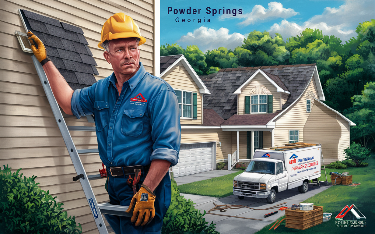 An illustration of a top roofing contractor company in Powder Springs, Georgia, featuring a smiling worker in uniform standing in front of a large residential house with workers on the roof, showcasing their professional roofing services.