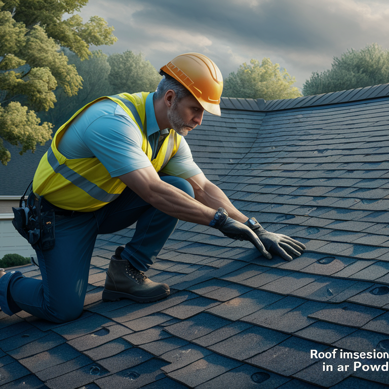 Roofer Inspecting Shingles for Hail Damage in Powder Springs, GA A roofer carefully inspects the shingles on a roof for potential hail damage in the city of Powder Springs, Georgia.