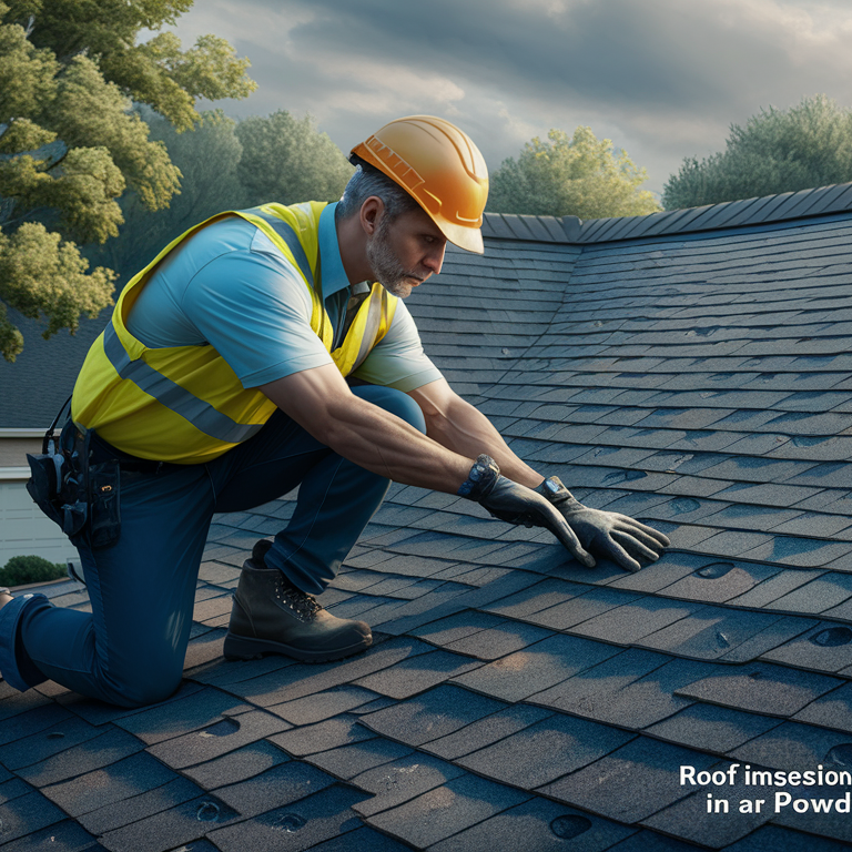 A roofer carefully inspects the shingles on a roof for potential hail damage in the city of Powder Springs, Georgia.